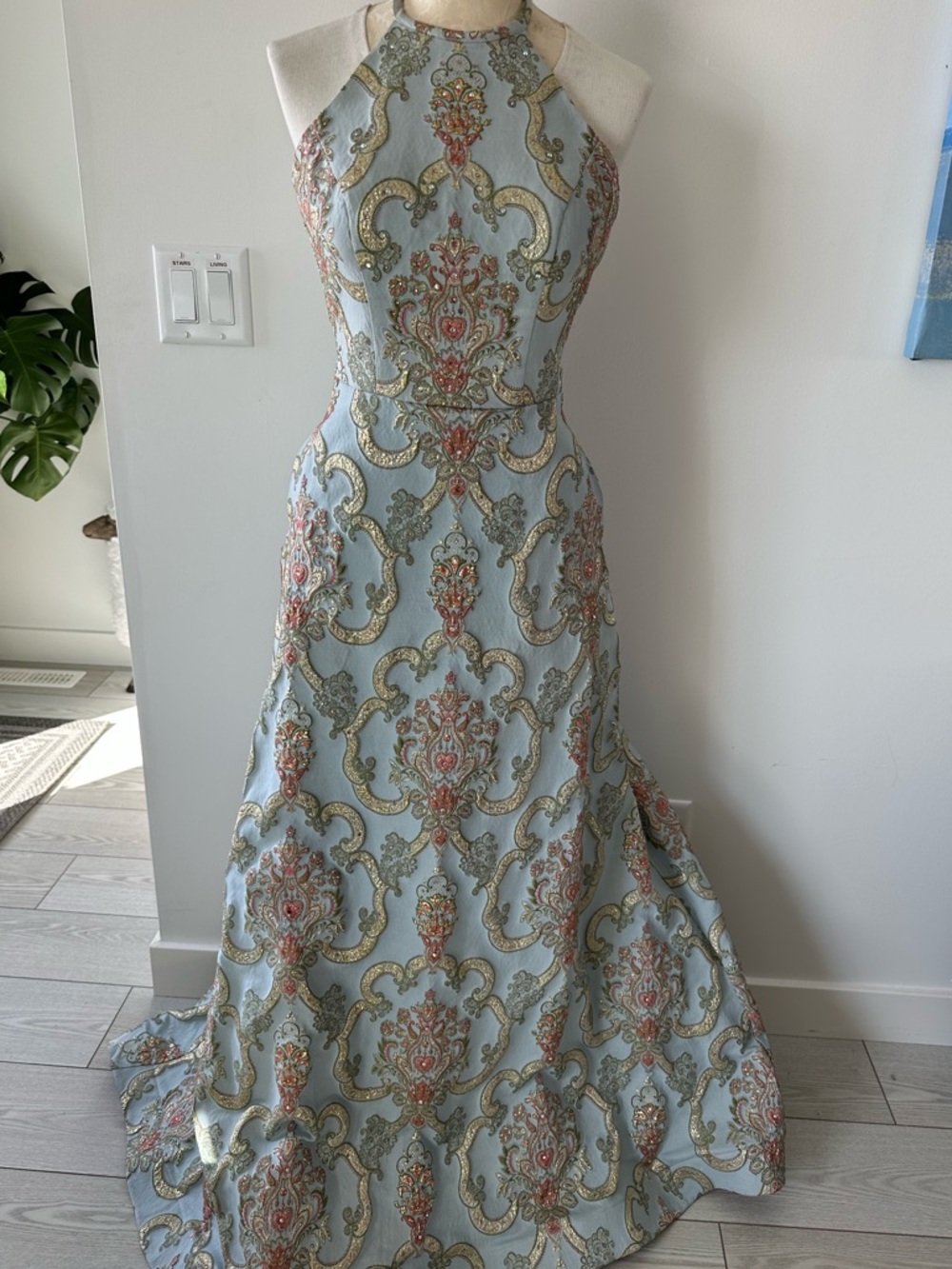 Mon Cheri Light Blue Brocade Halter Prom Dress with Gold and Coral Accents
